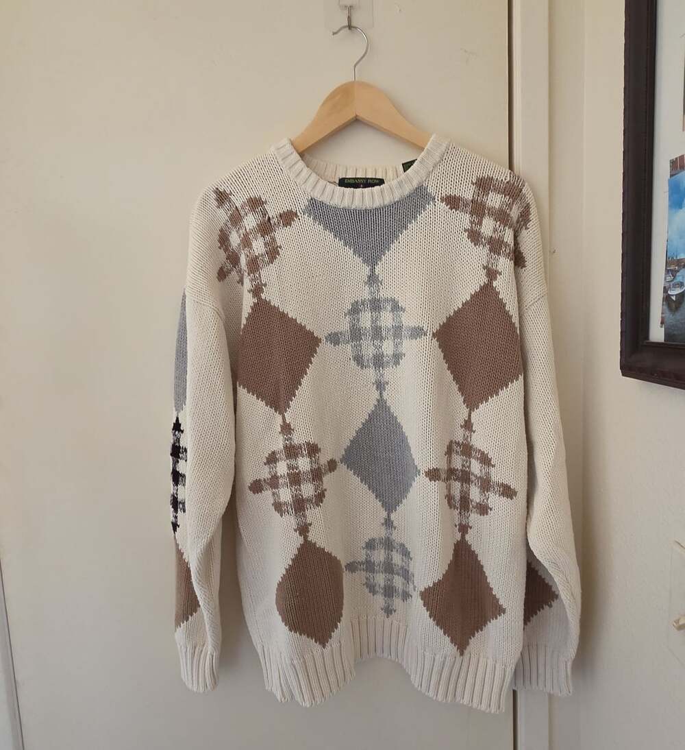 Embassy Row Vintage 100% Cotton Geometric Argyle Crewneck Sweater XL